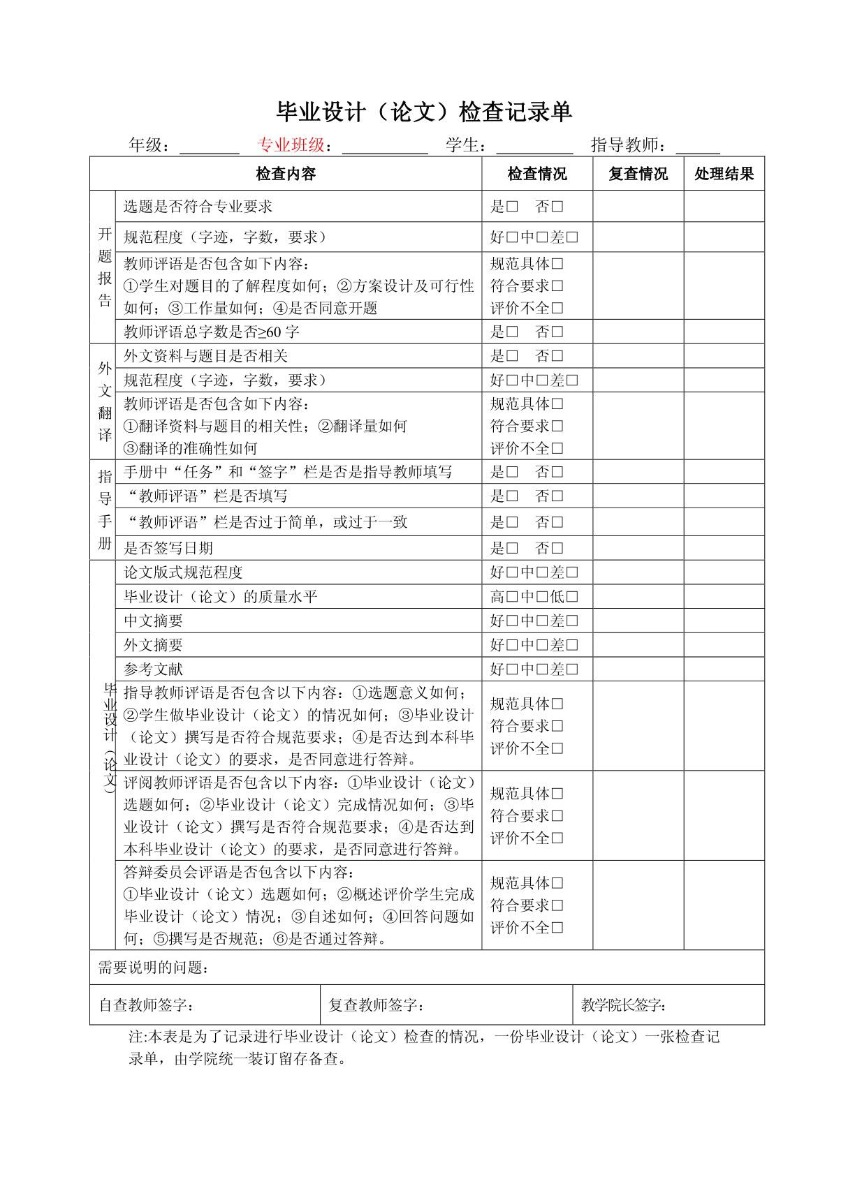 毕业设计(论文)检查记录单