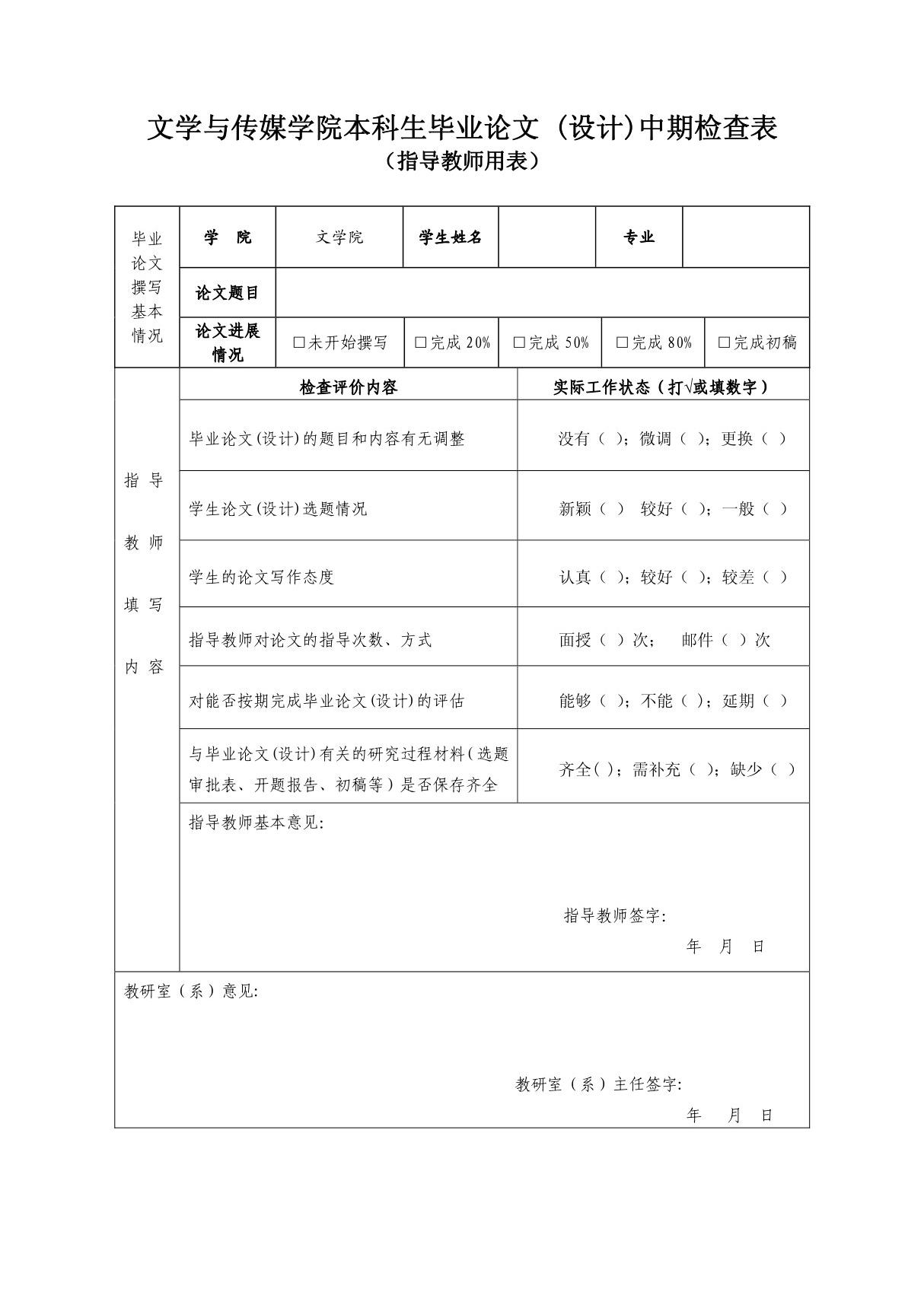 滁州学院本科生毕业论文 (设计)中期检查表