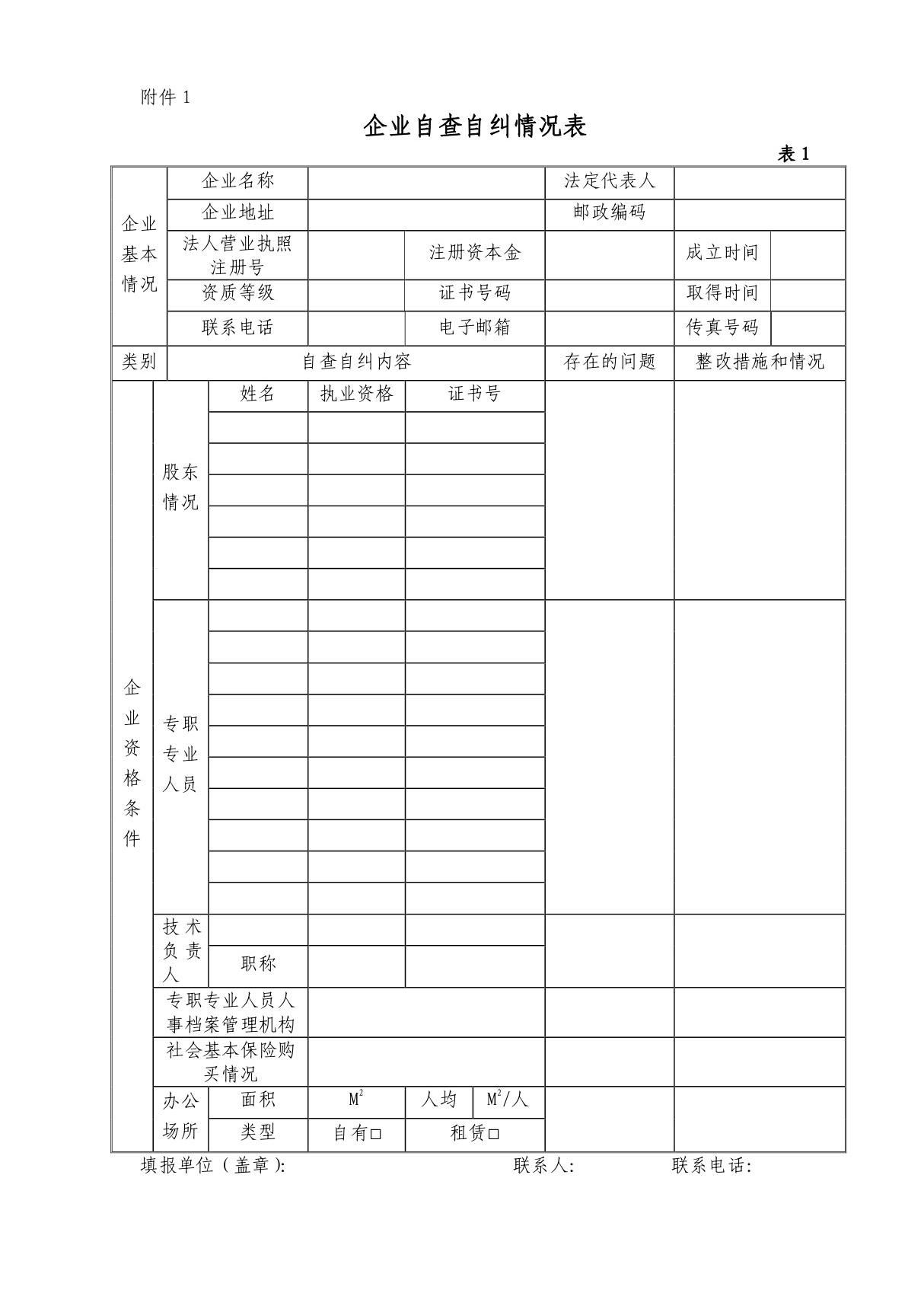 企业自查自纠情况表