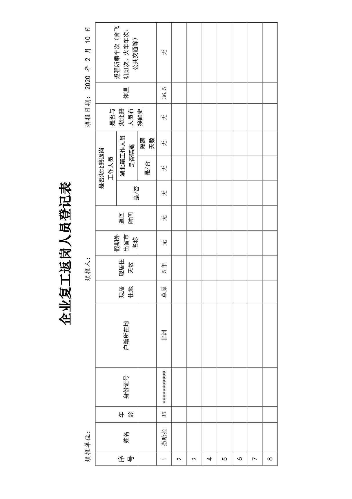 企业复工返岗人员登记表