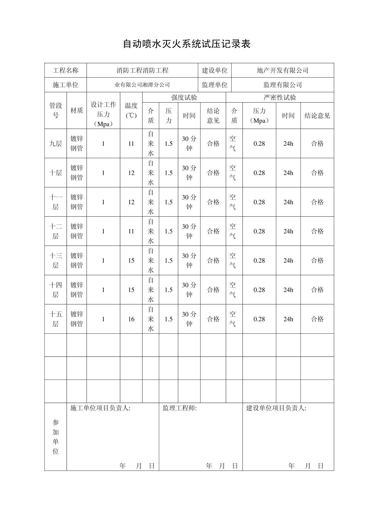 自动喷水灭火系统试压记录表