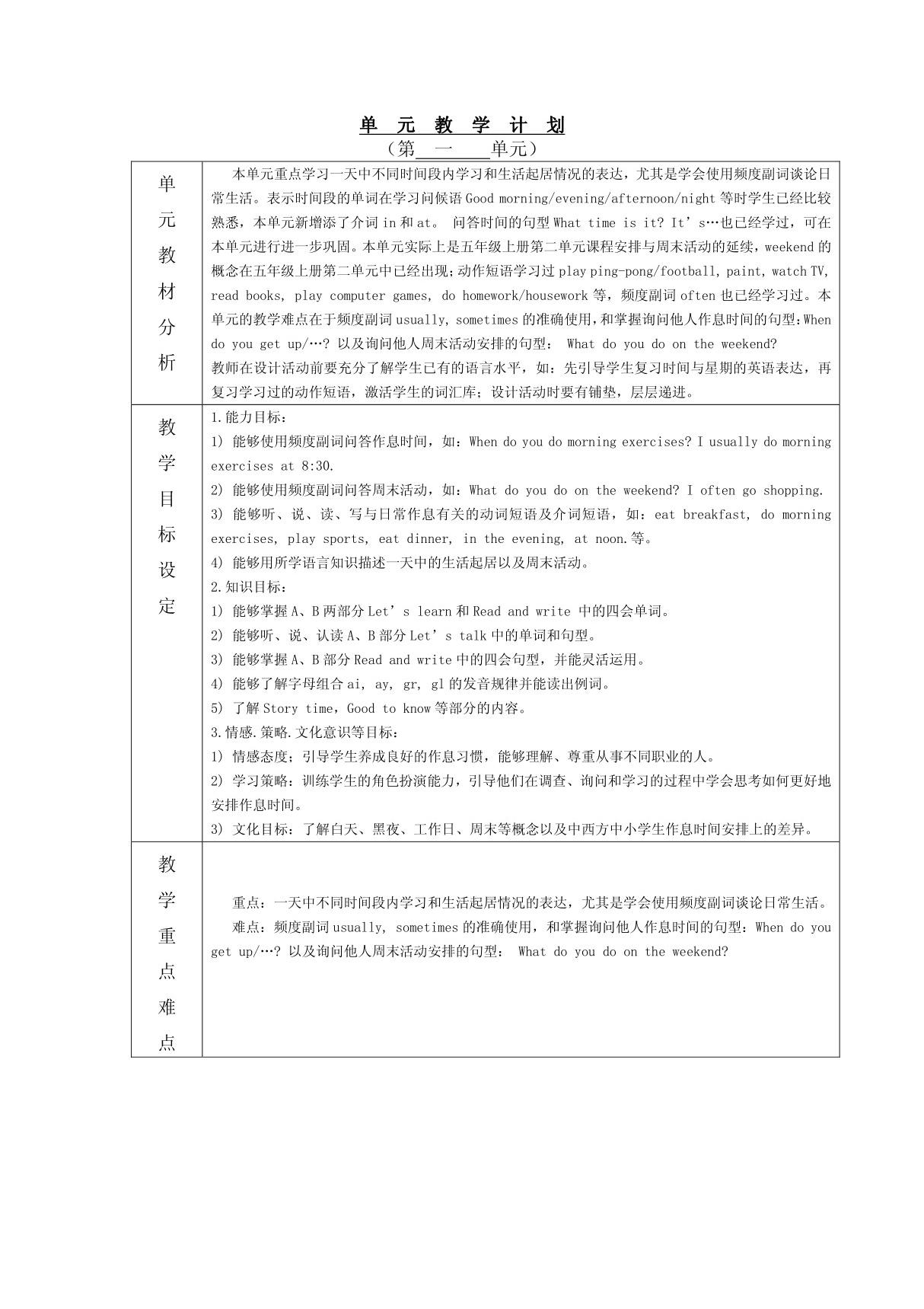 五年级英语单元教学计划