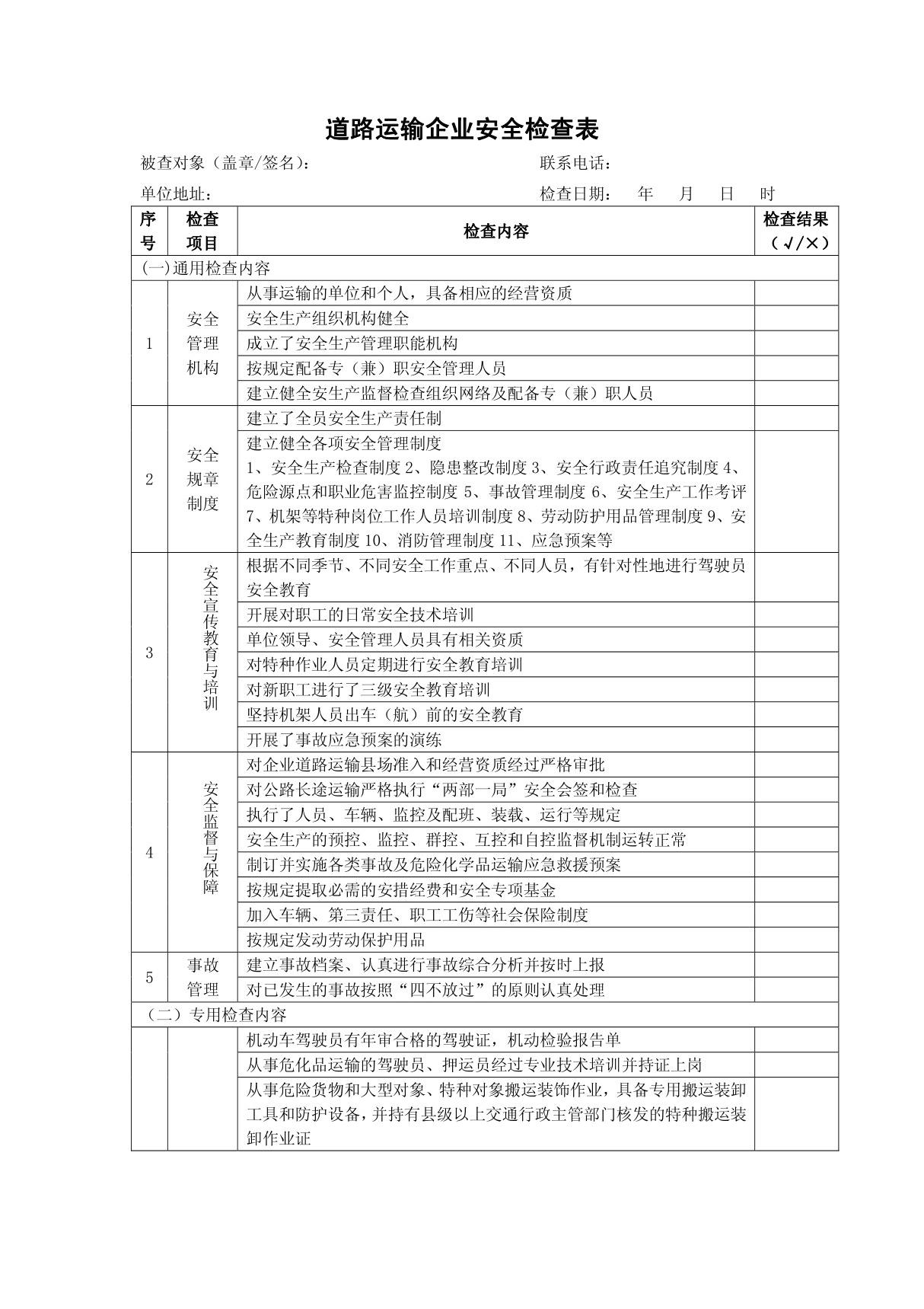 道路运输企业安全检查表