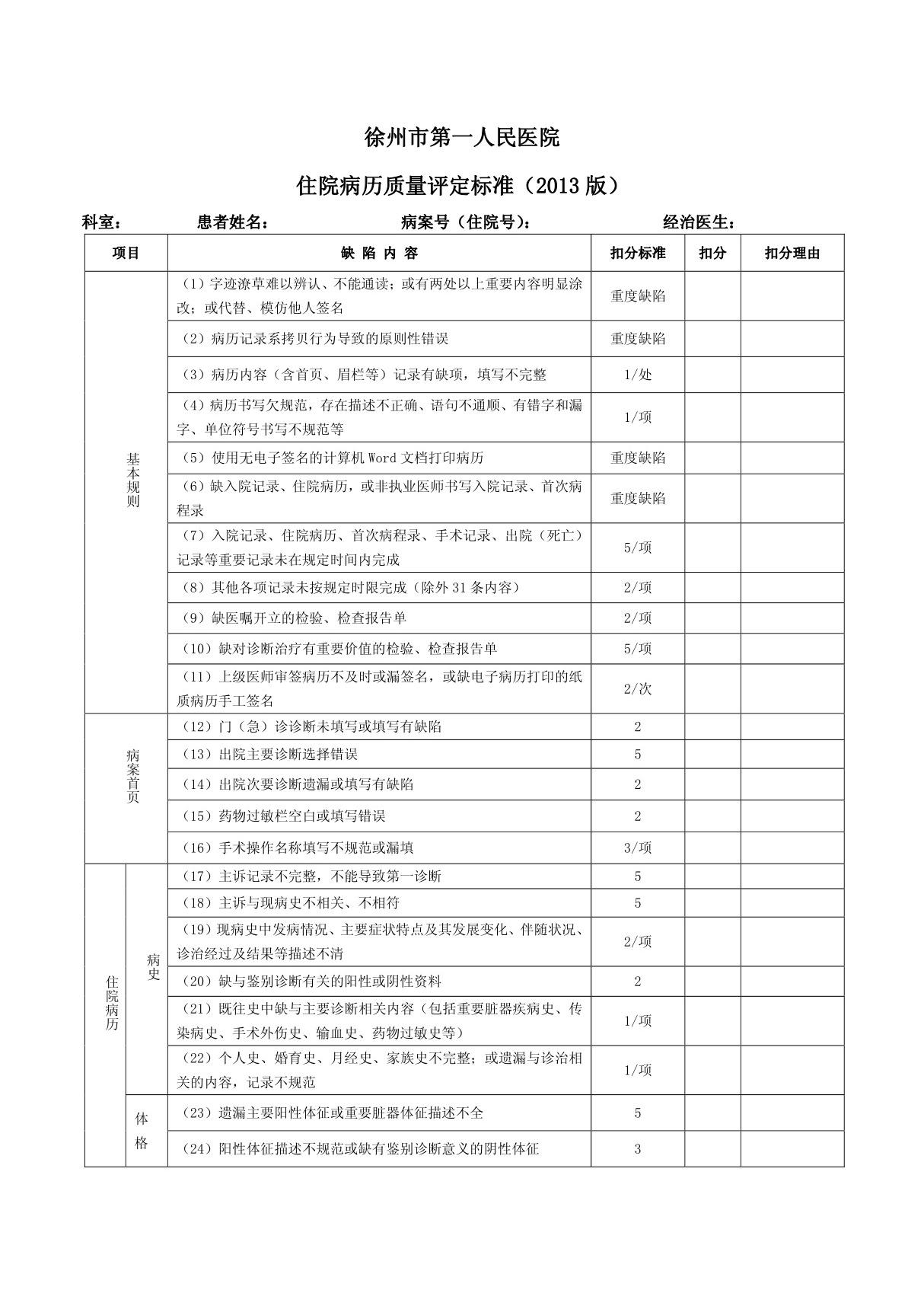 住院病历质量评定标准(2013版)