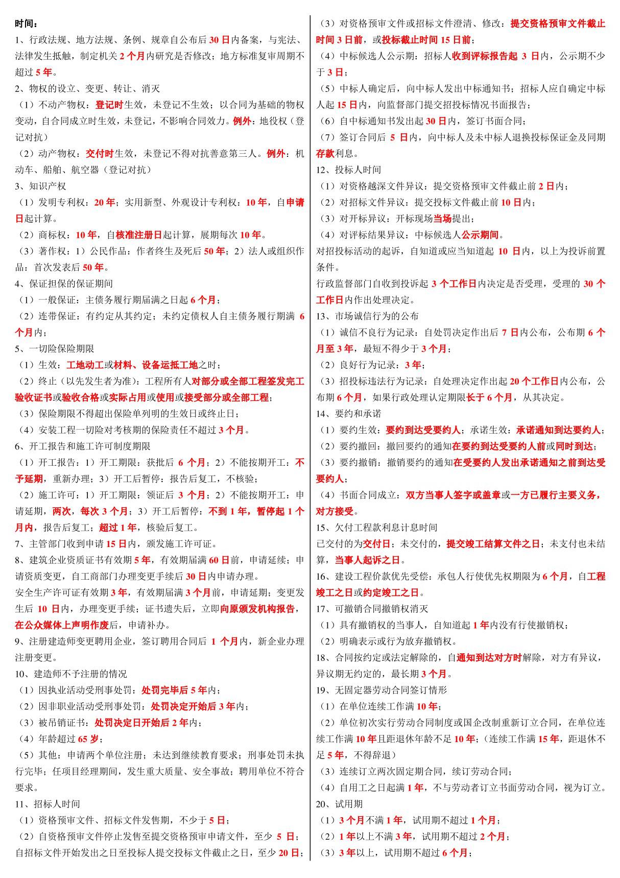 2017年一级建造师考试 建设工程法律法规重要数字类知识点总结 必考 时间 数额 处罚