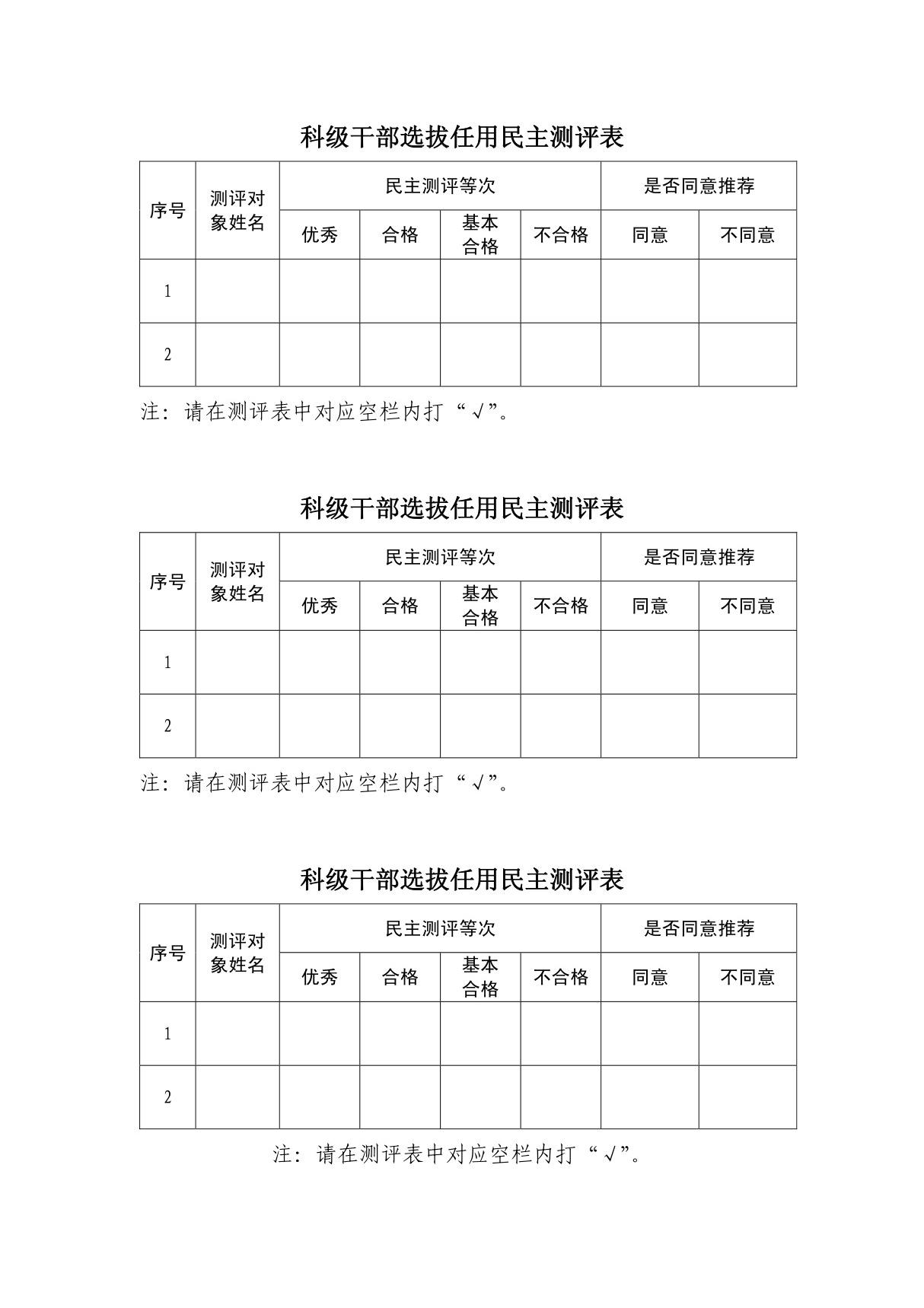 科级干部选拔任用民主测评表