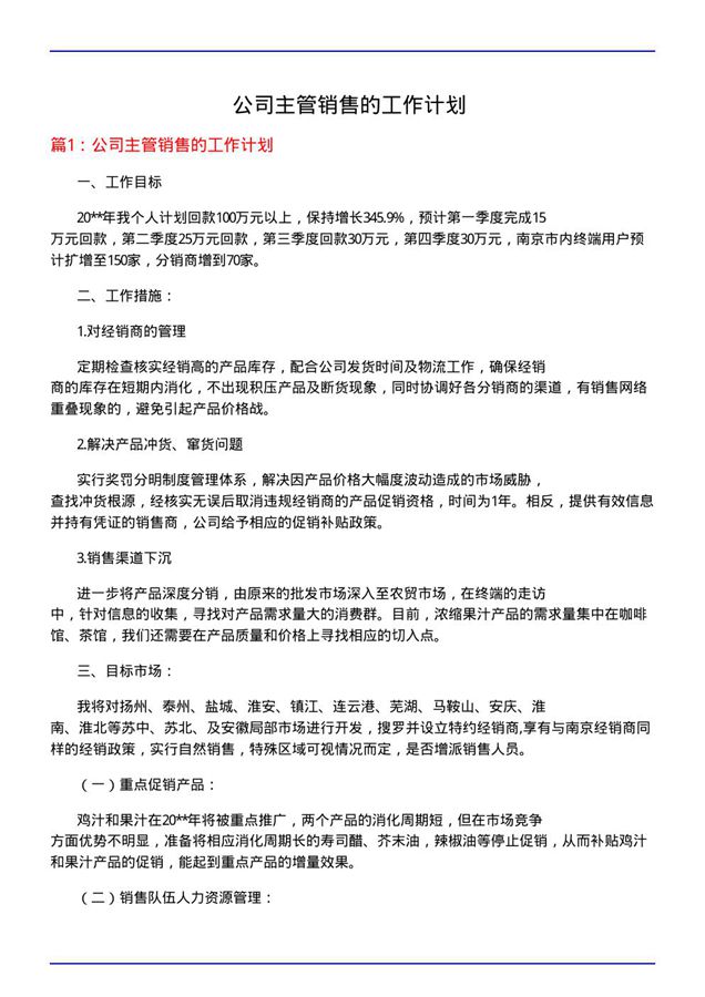 公司主管销售的工作计划