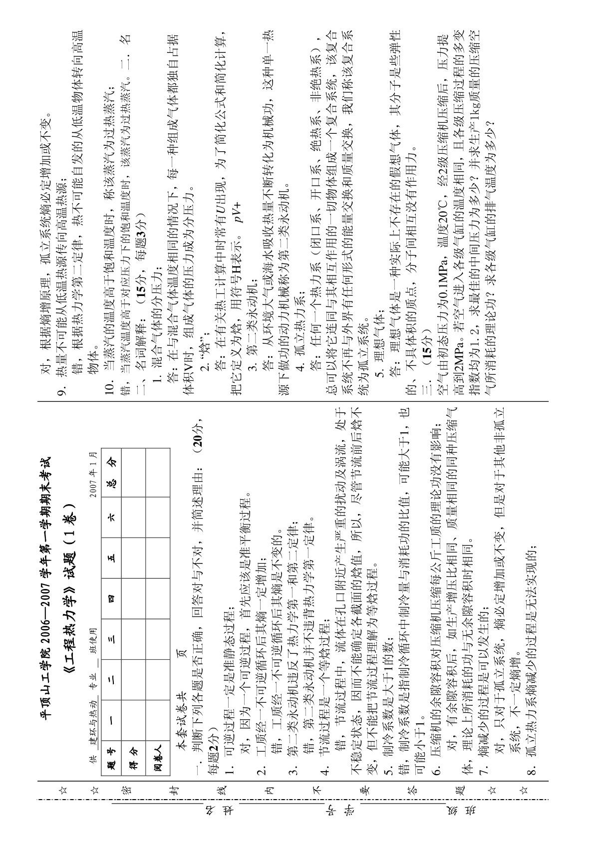 工程热力学试卷答案