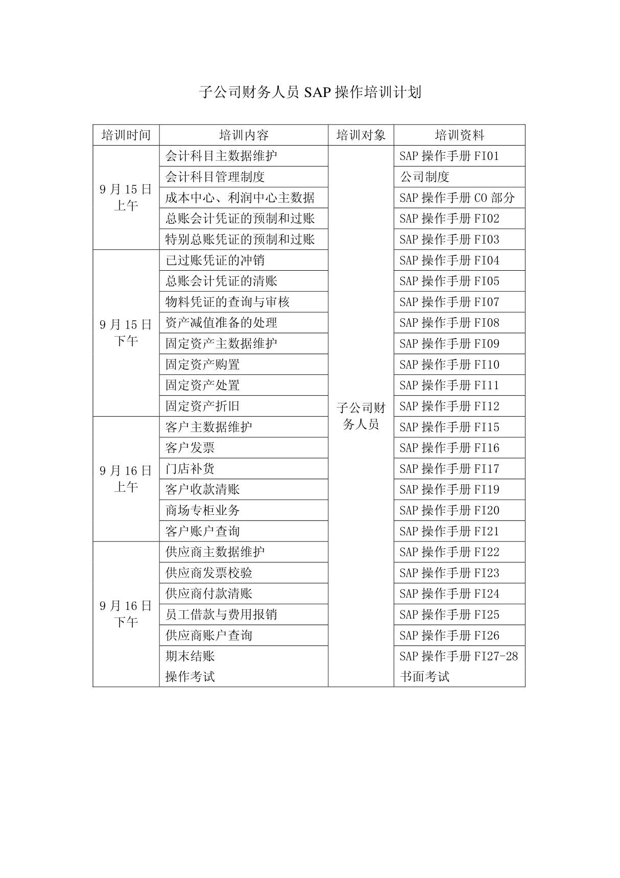 会计核算培训资料FI操作手册 培训计划.