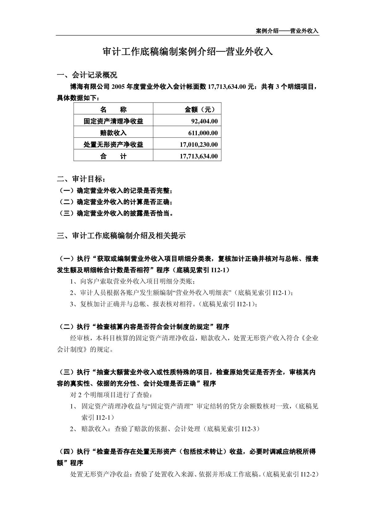 审计底稿编制案例41－营业外收入－候艳华 案例介绍－营业外收入