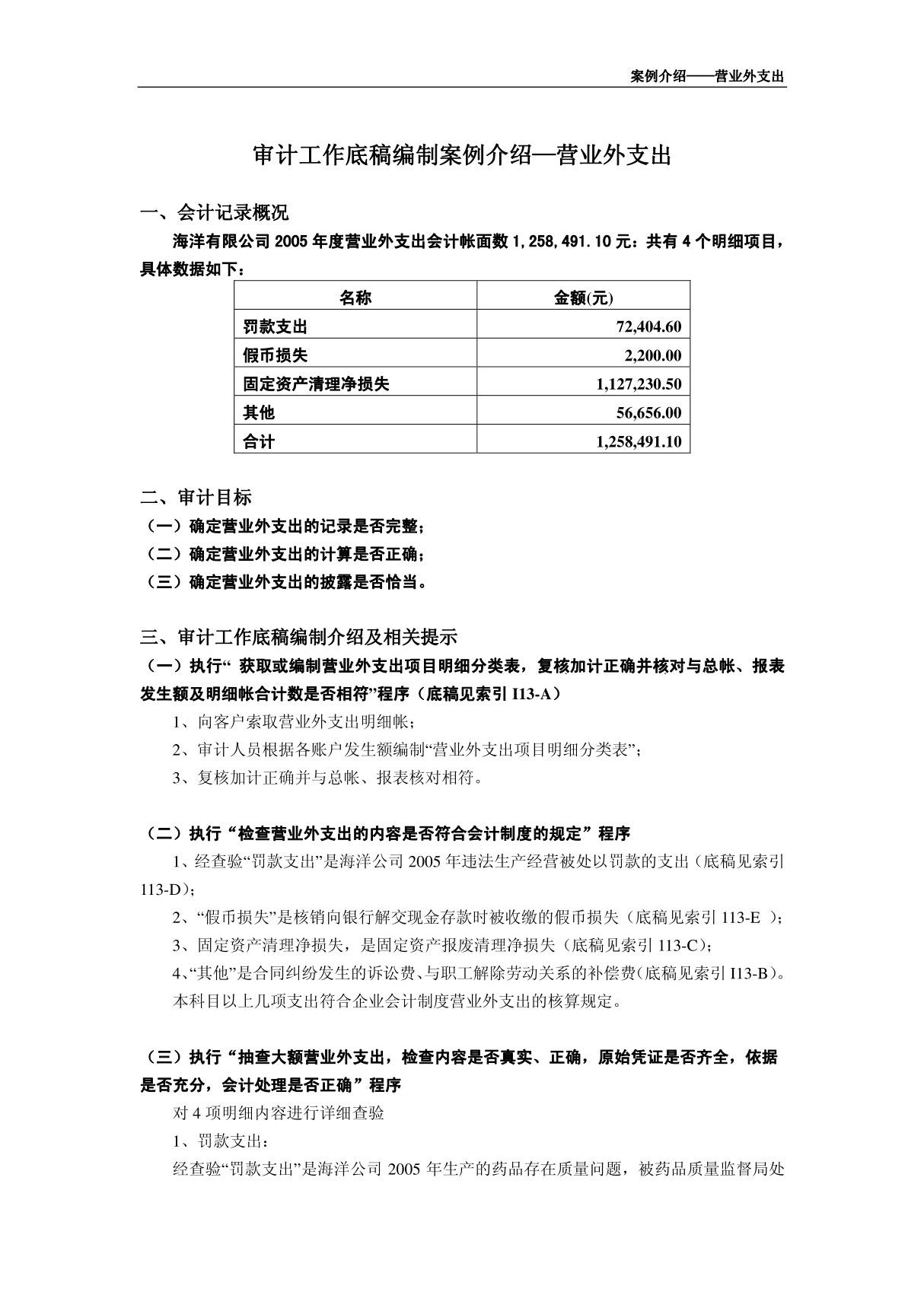 审计底稿编制案例42－营业外支出－候艳华 案例介绍－营业外支出