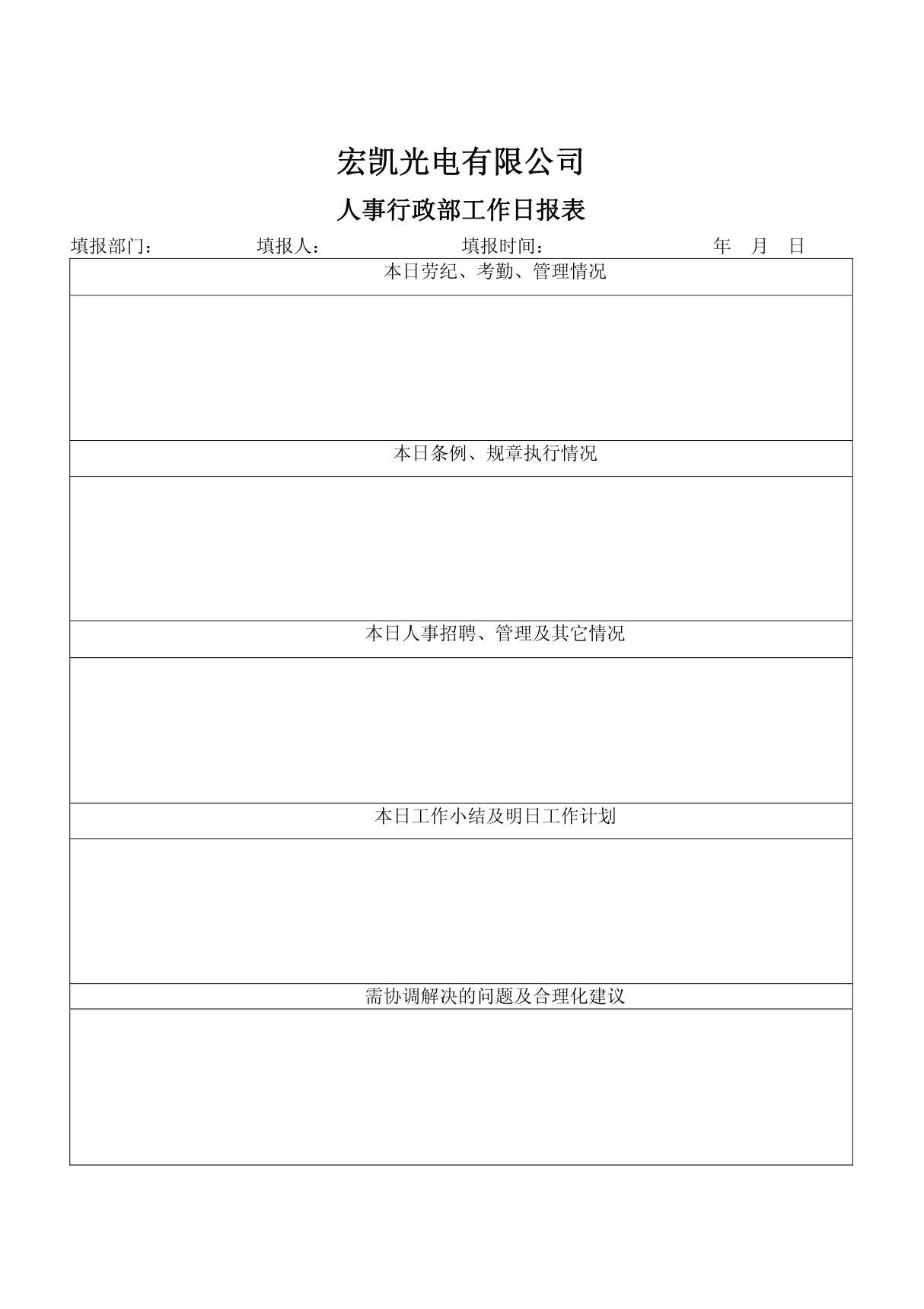 ［精选推荐］行政部工作日报表