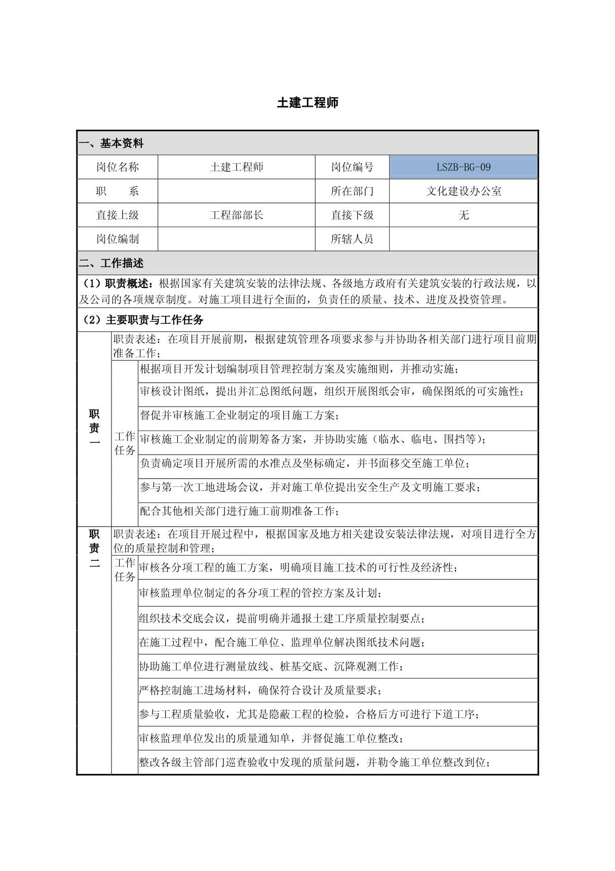 土建工程师岗位职责