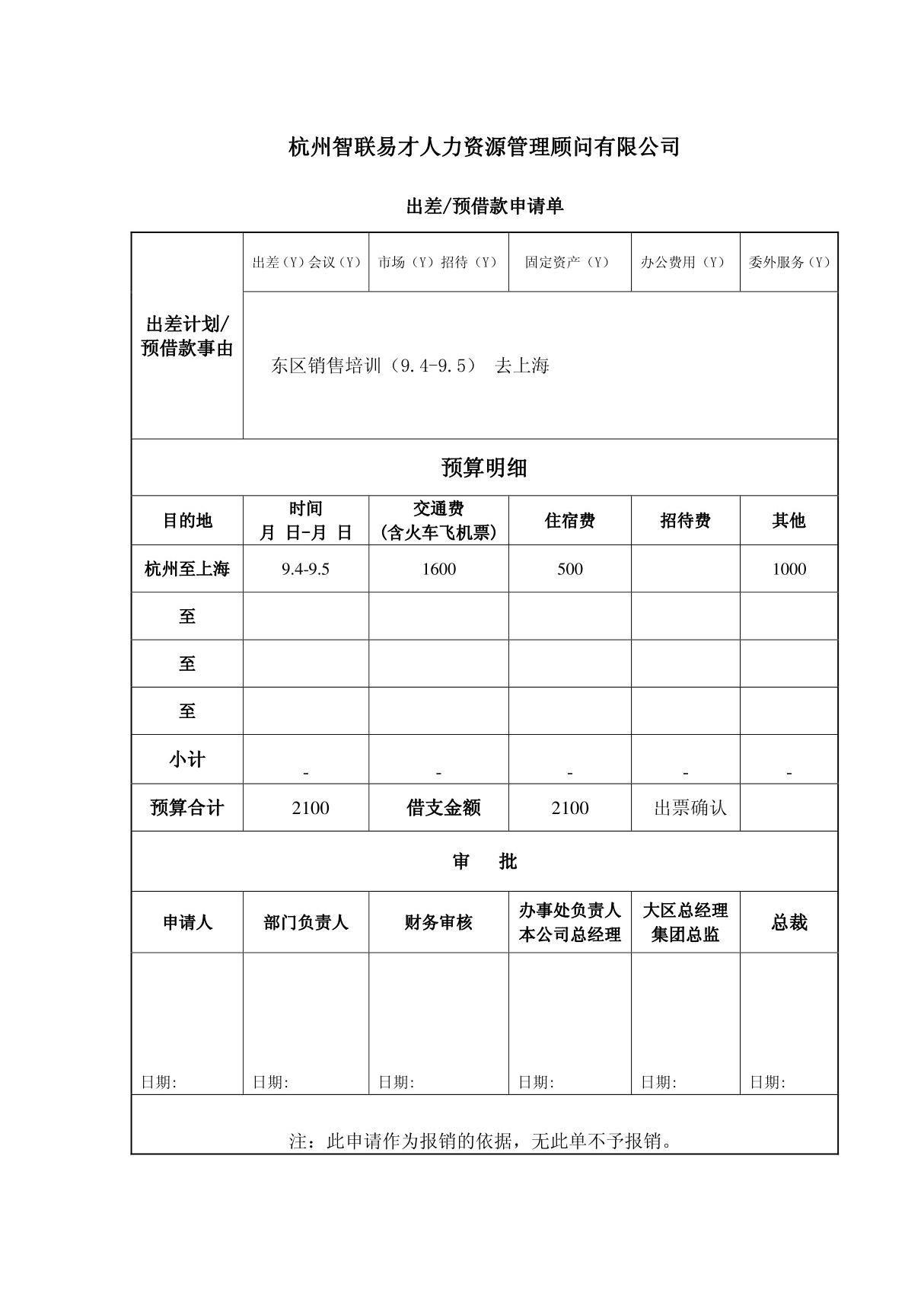 出差预借款申请单