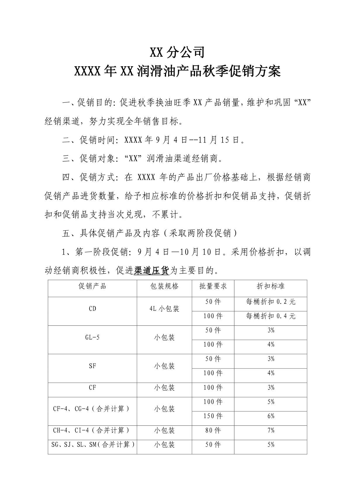 XXXX年XX润滑油产品秋季促销方案