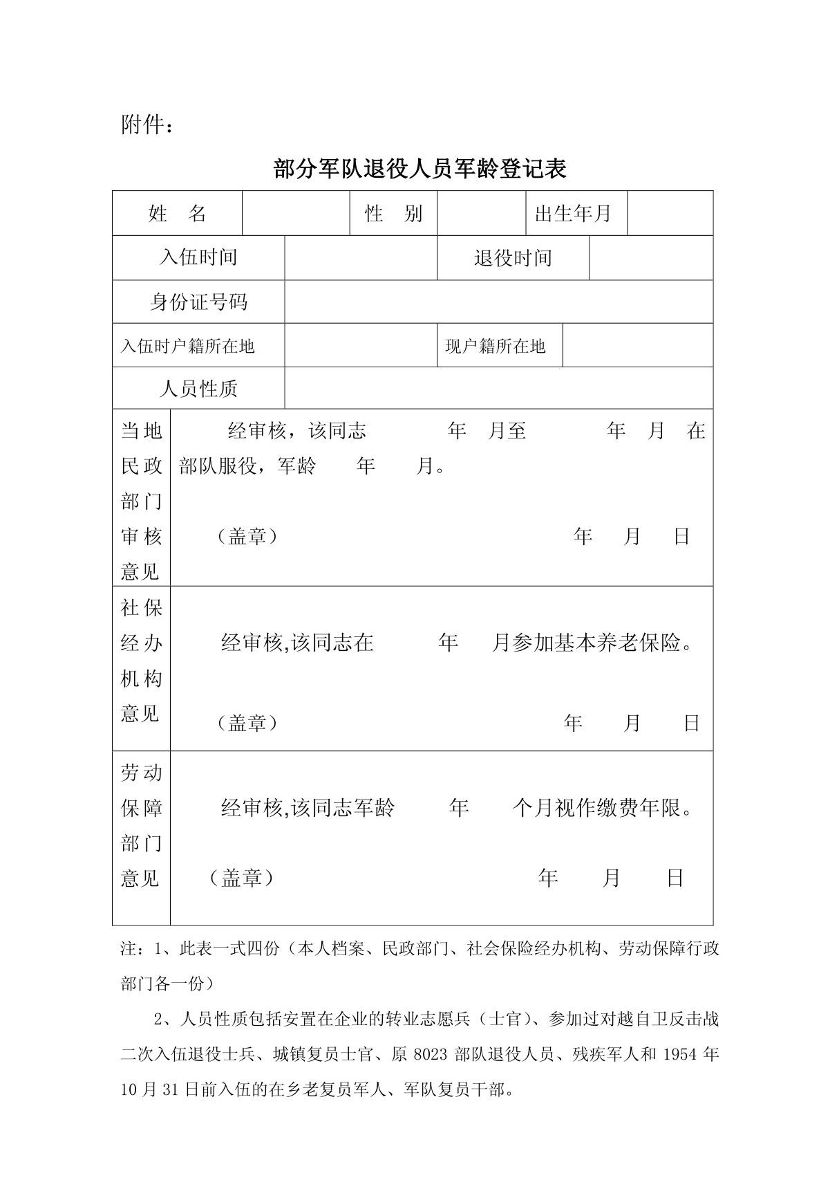 部分军队退役人员军龄登记表