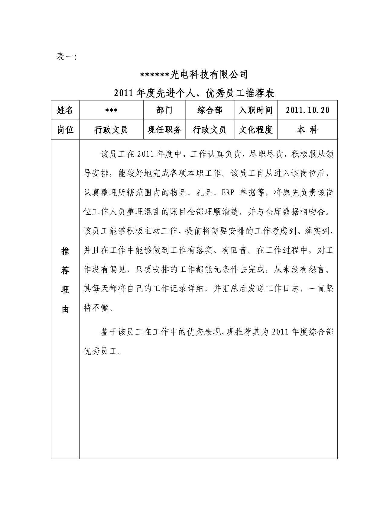 2011年度优秀员工推荐表11