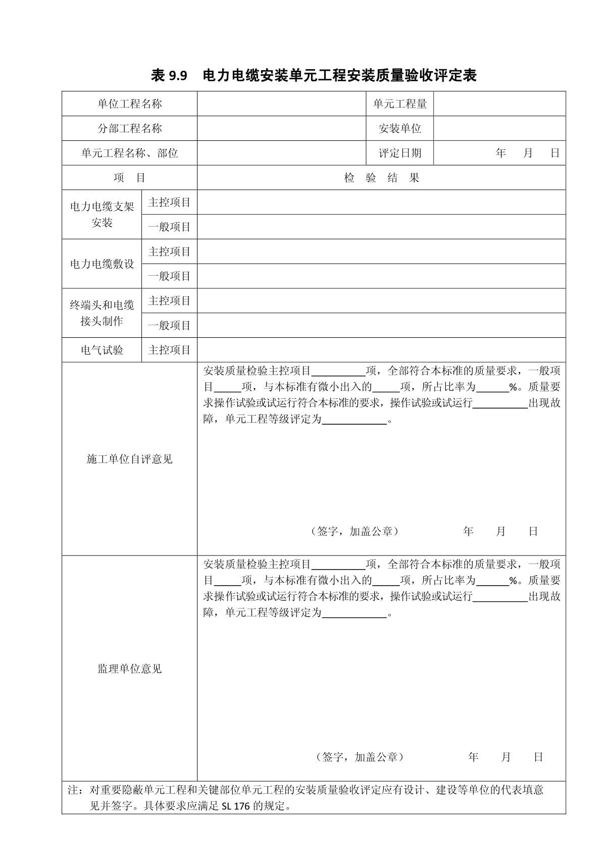 表9.9 电力电缆安装单元工程安装质量验收评定表