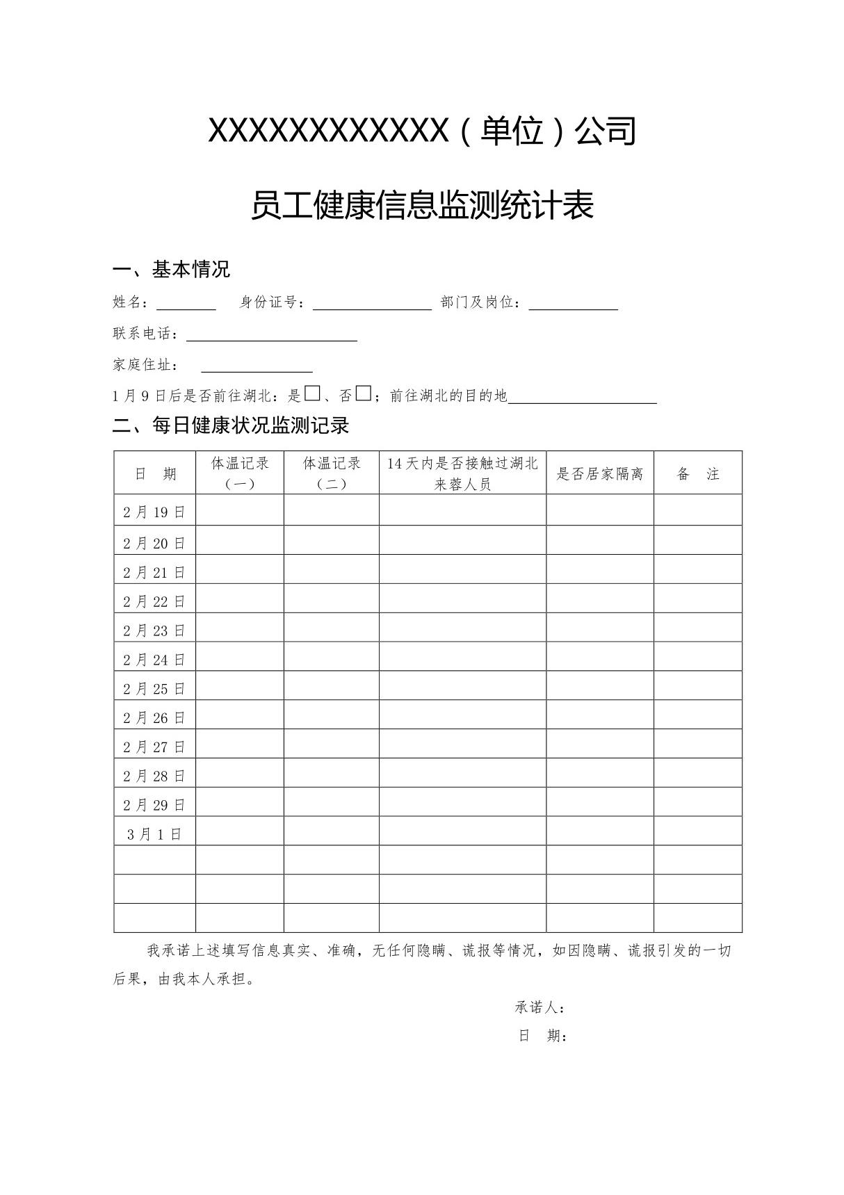 新冠肺炎疫情防控期间单位员工健康信息监测统计表