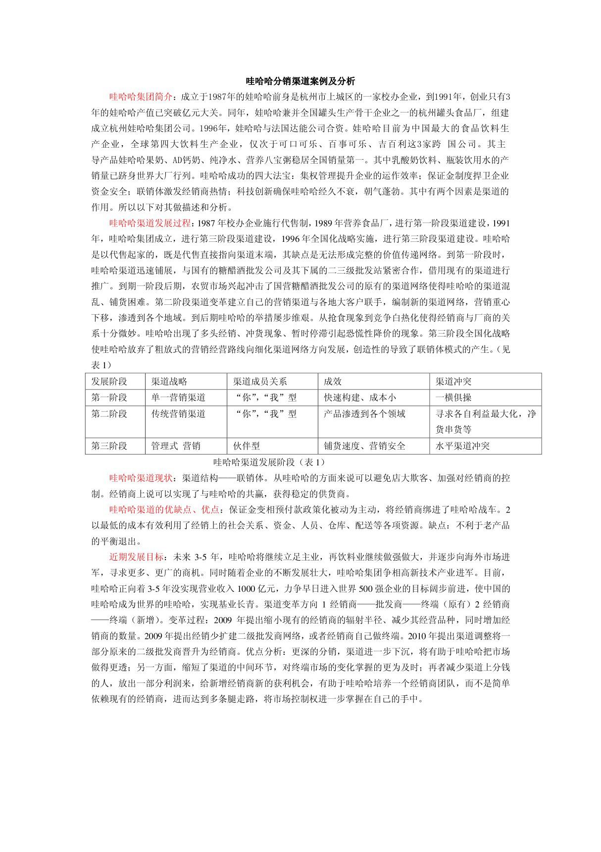 哇哈哈分销渠道案例及分析