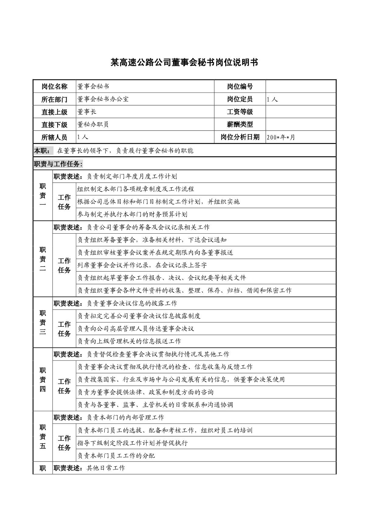 某高速公路公司董事会秘书岗位说明书