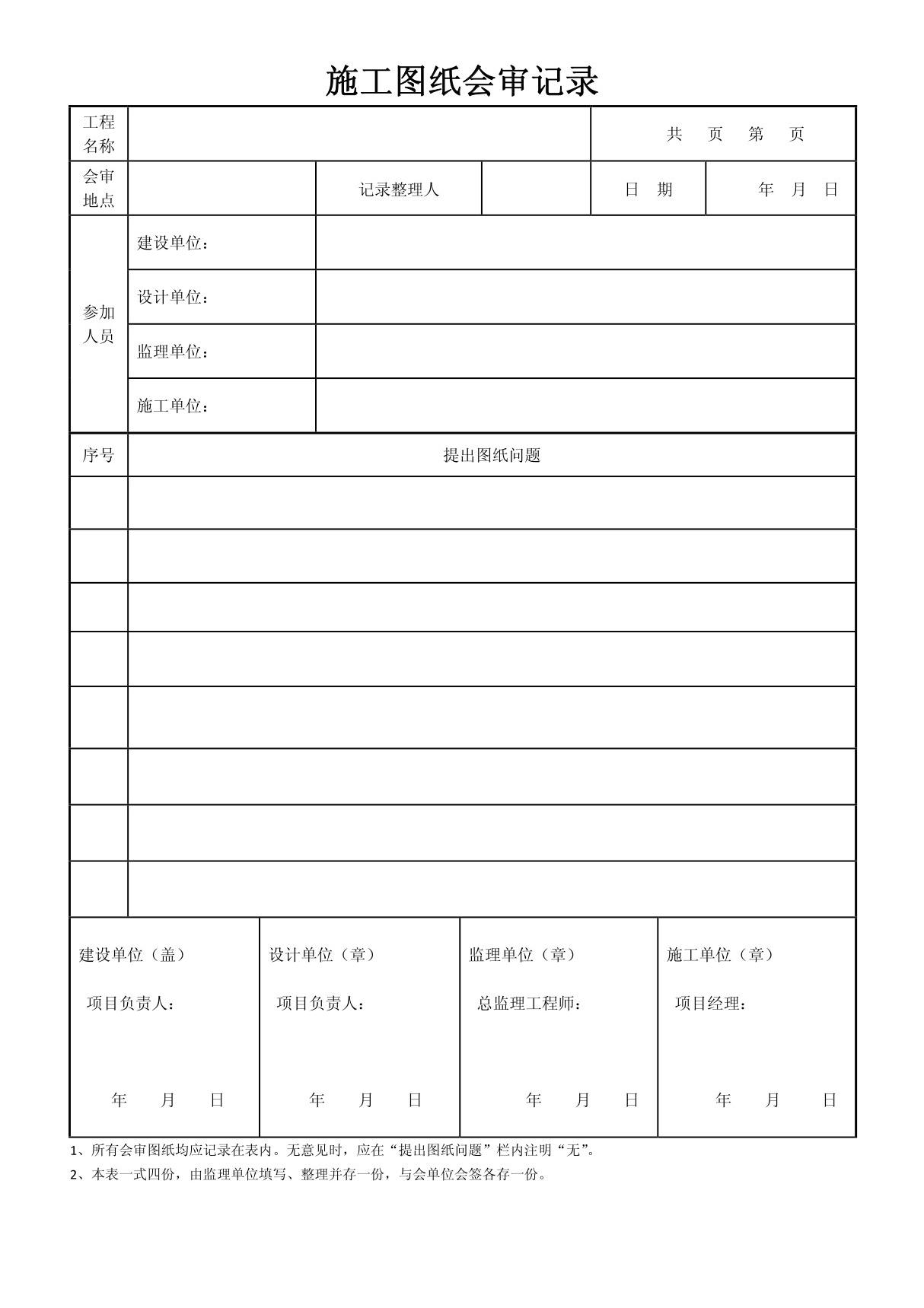 施工图纸会审记录范本表格