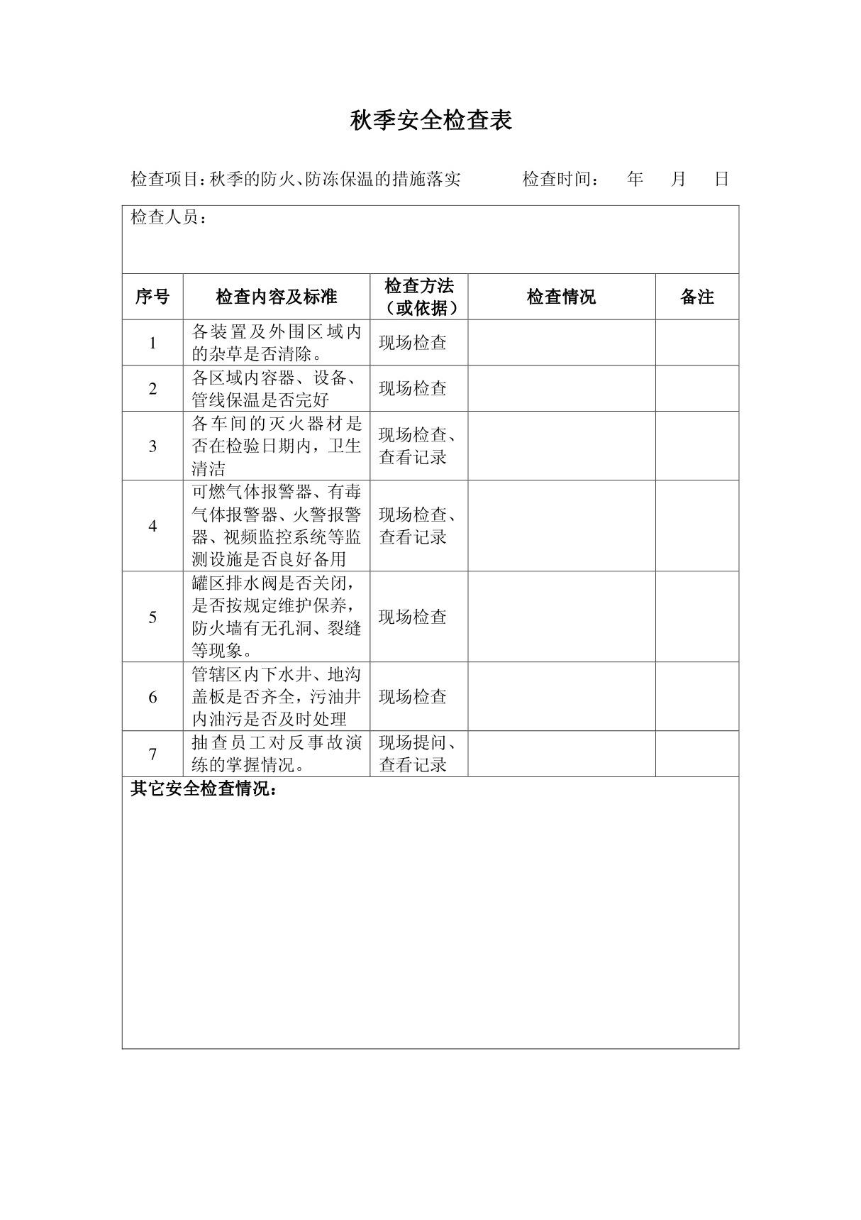 秋季的防火 防冻保温的措施落实安全检查表