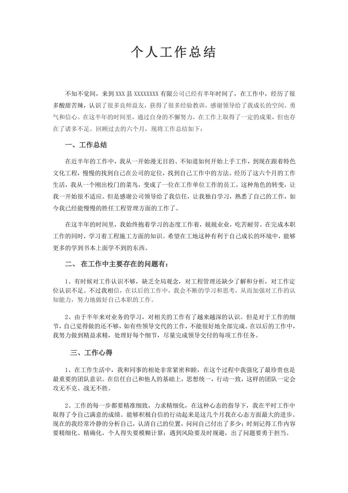 个人工作总结word文档