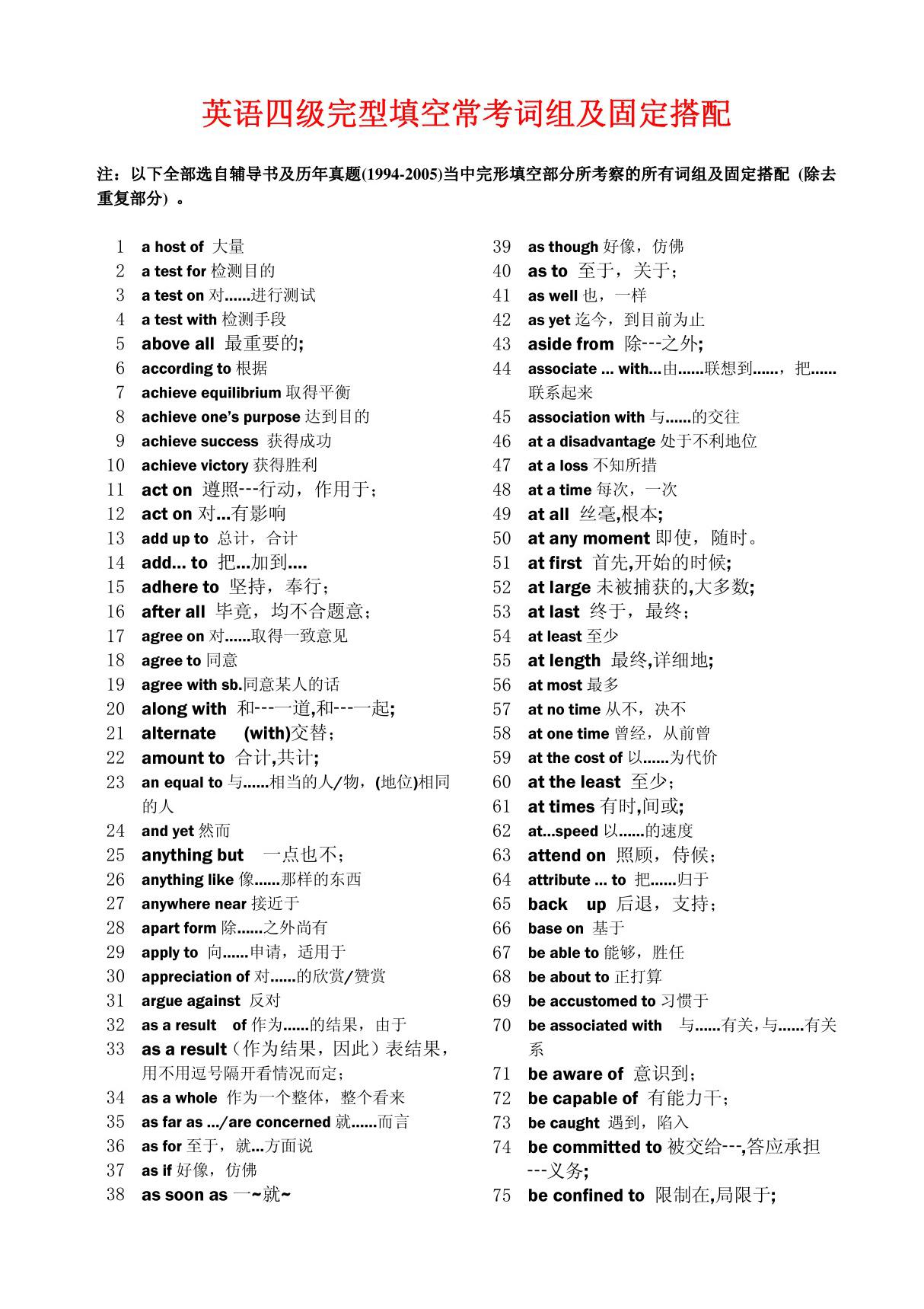 英语四级完型填空常考词组及固定搭配