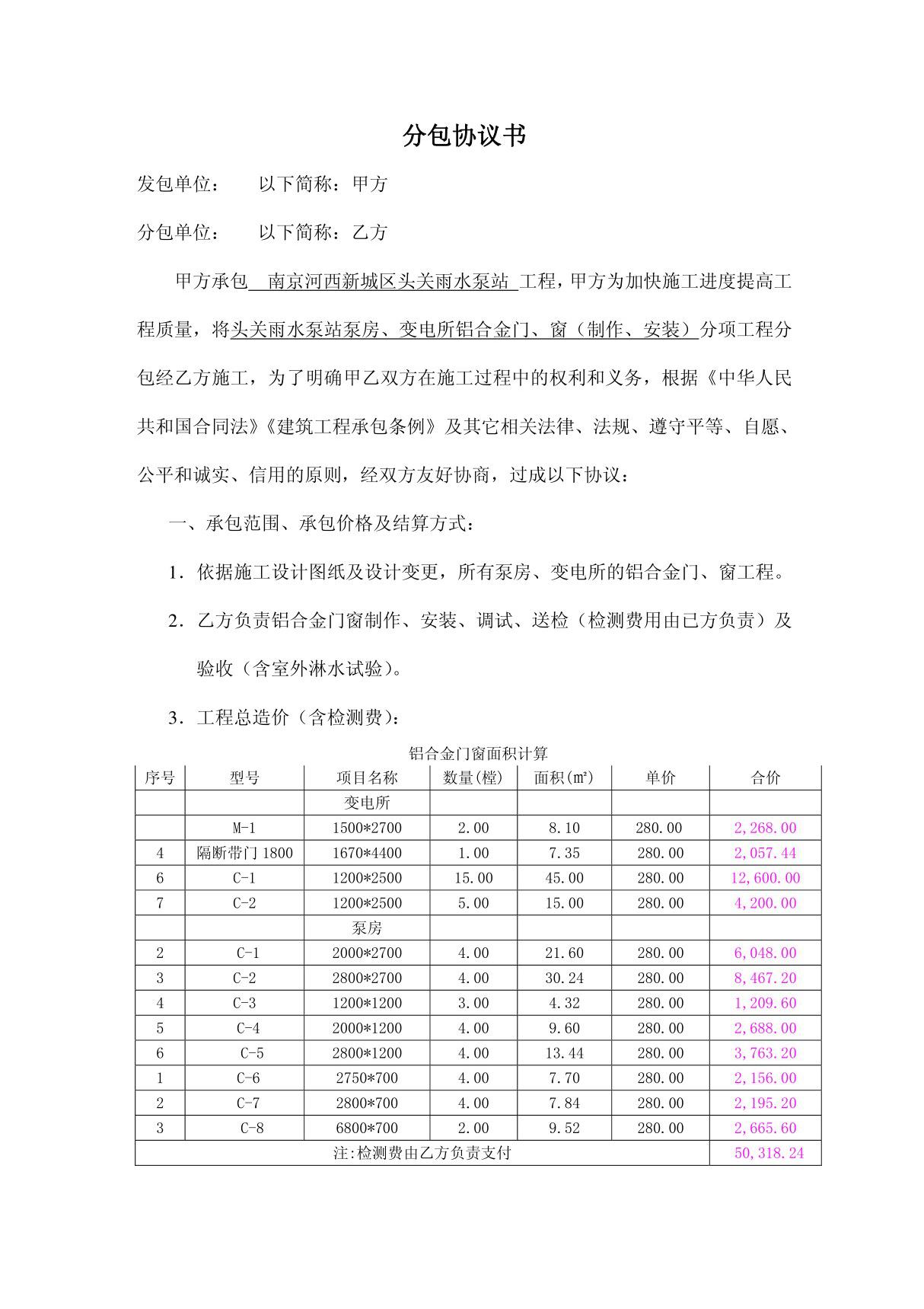 铝合金门窗承包协议