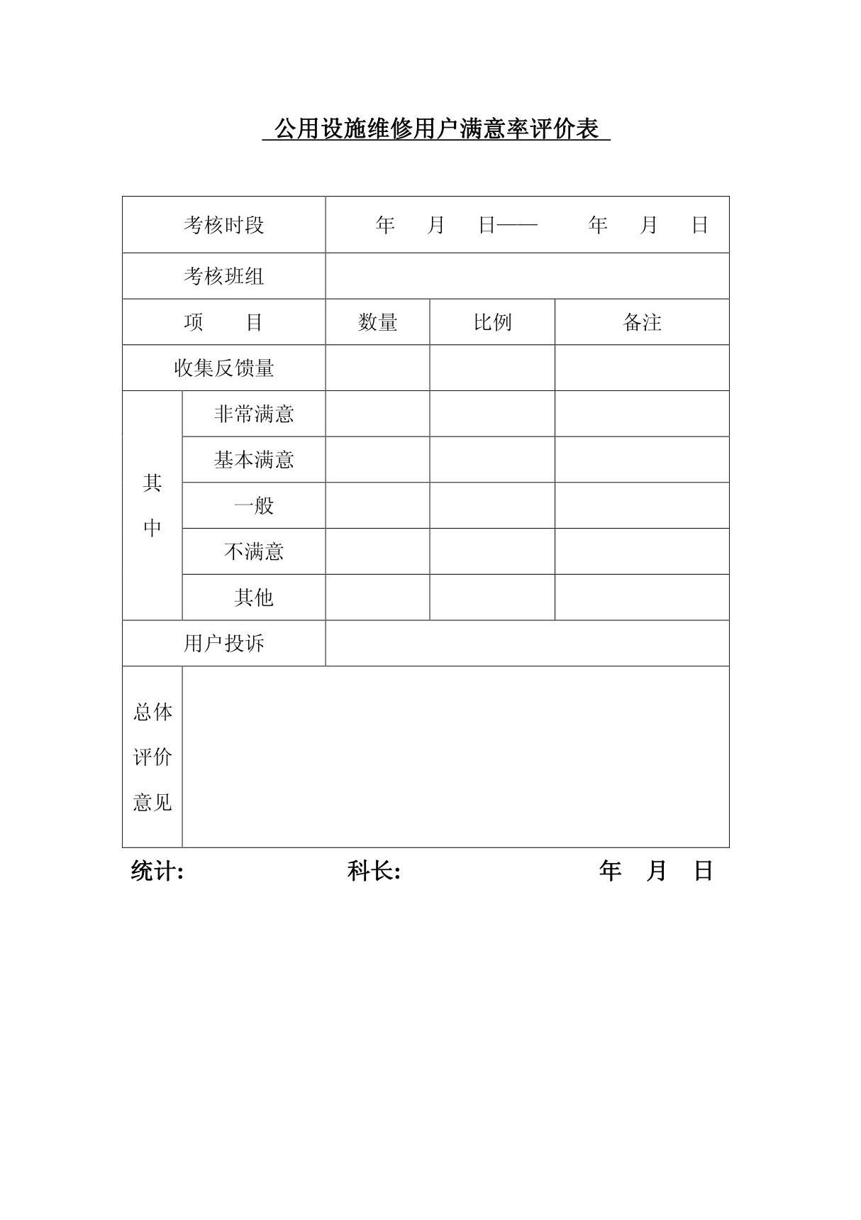 公用设施维修用户满意率评价表