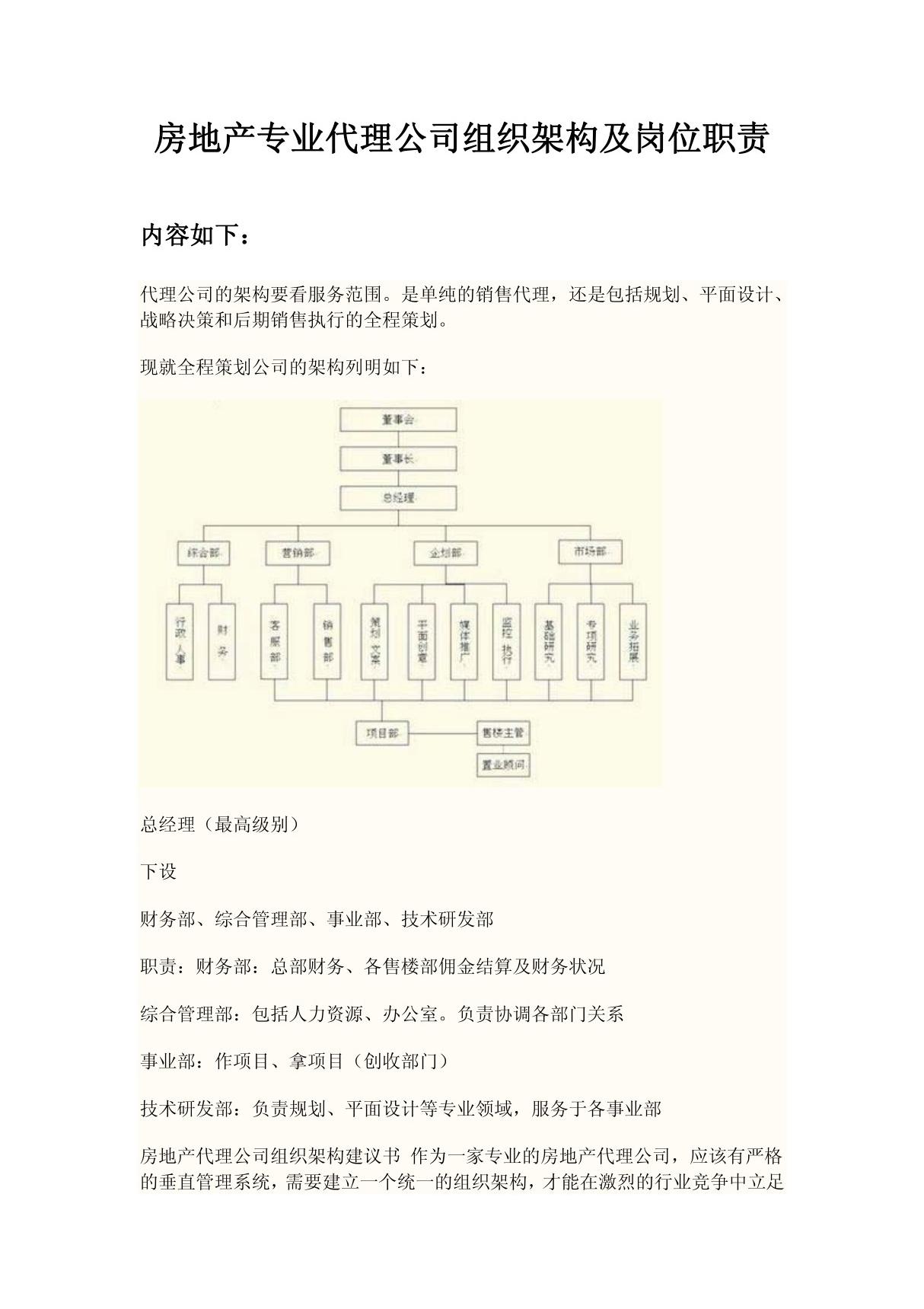 房地产专业代理公司组织架构及岗位职责