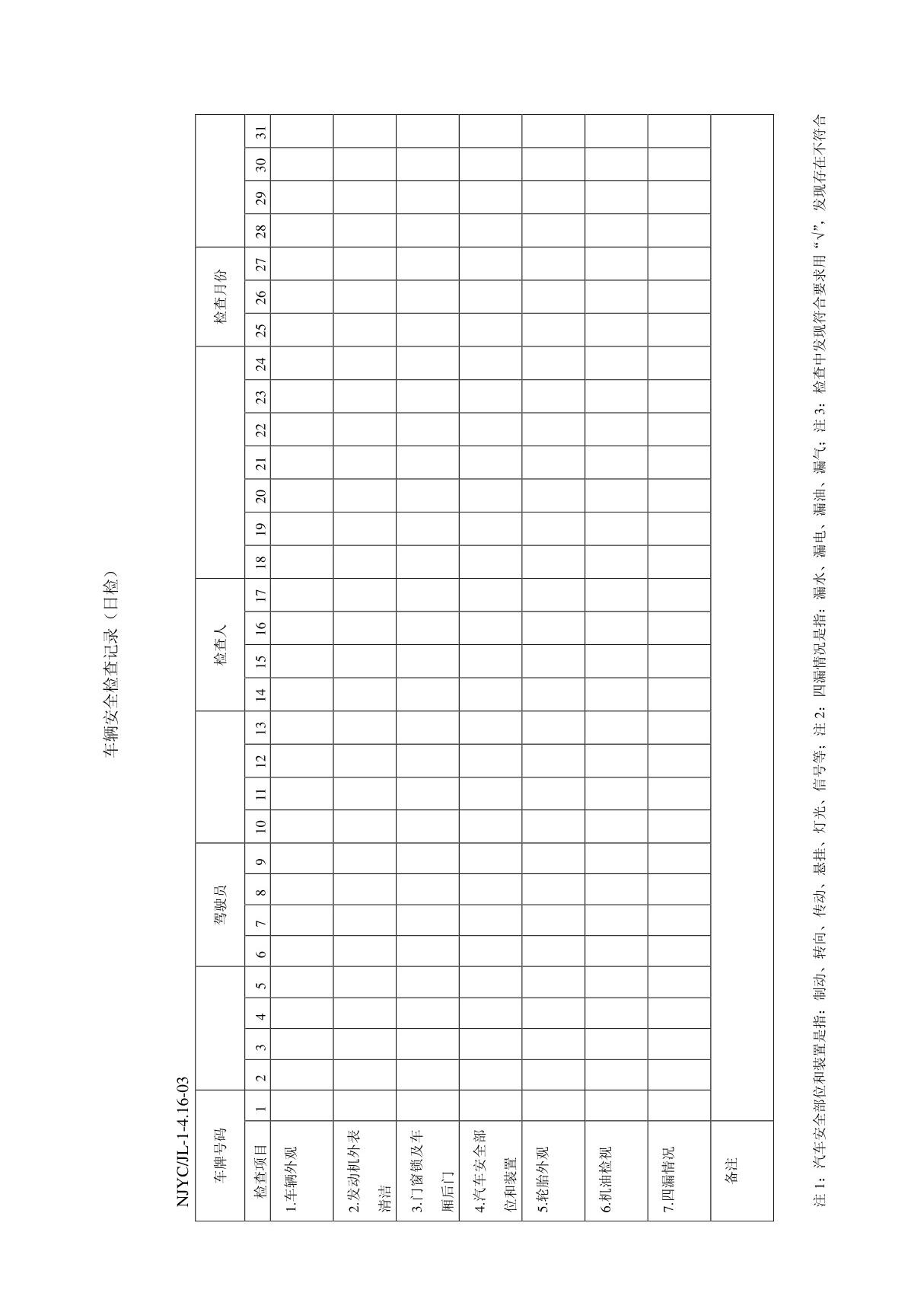 车辆安全检查记录(日检)JL-1-4.16-03