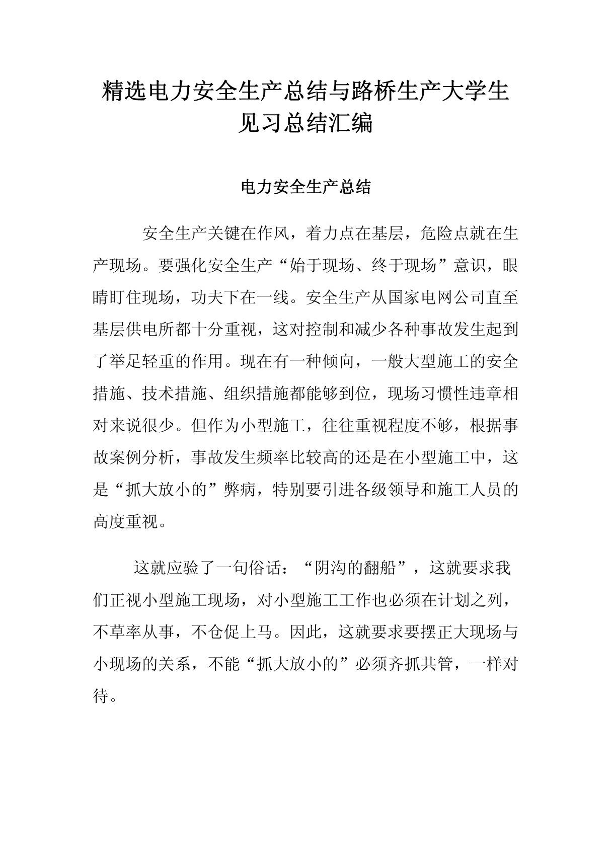 精选电力安全生产总结与路桥生产大学生见习总结汇编