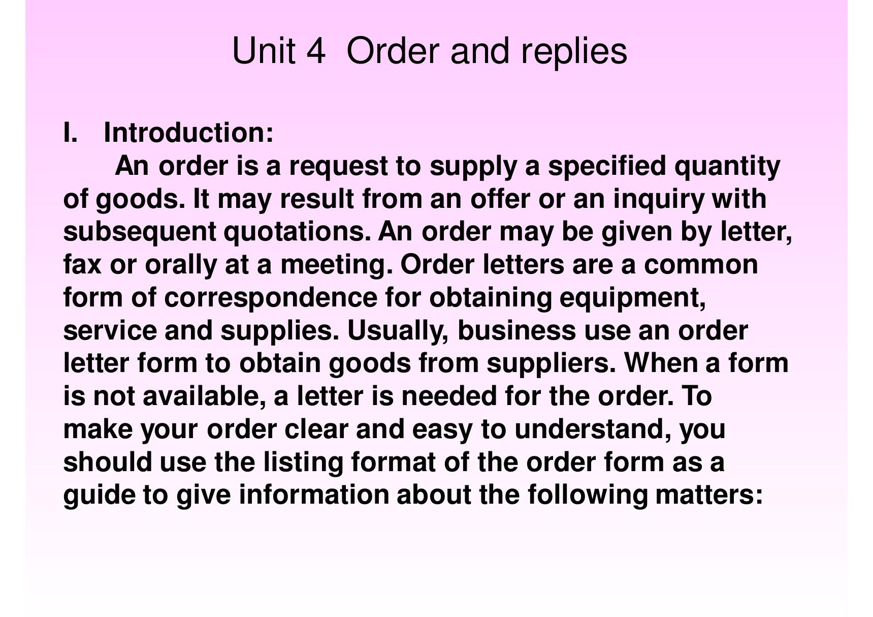 英语外贸函电-下订单和回复 Unit 4 Order and replies