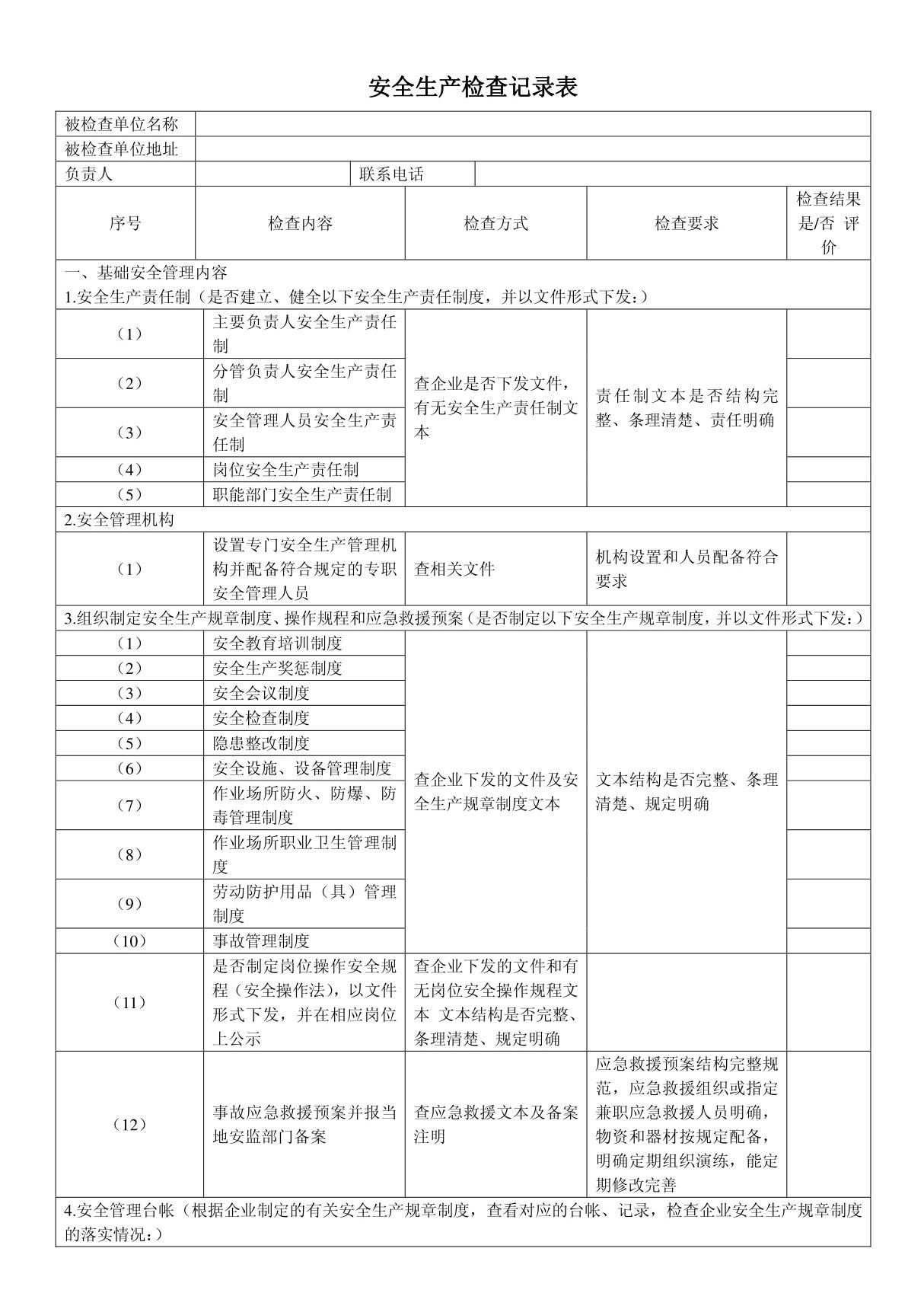 安全生产检查记录表