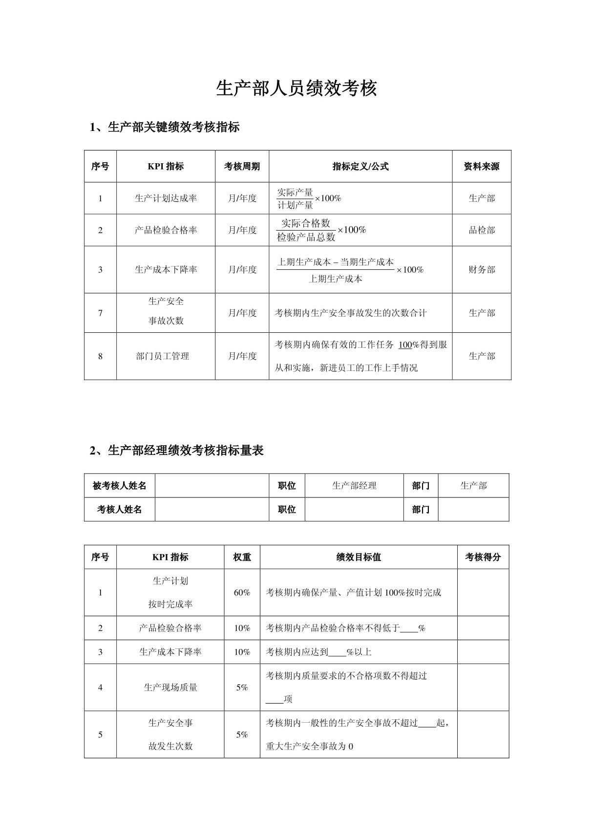 生产部人员绩效考核表新