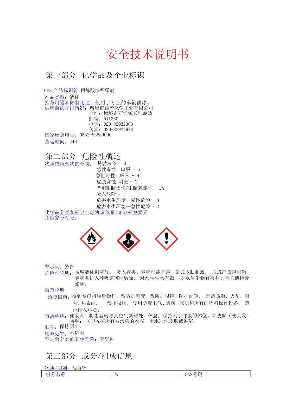 稀释剂安全技术说明书(MSDS)