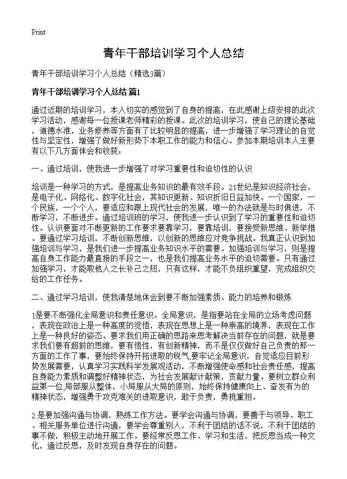 青年干部培训学习个人总结3篇