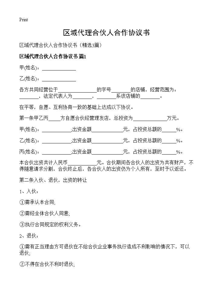 区域代理合伙人合作协议书3篇