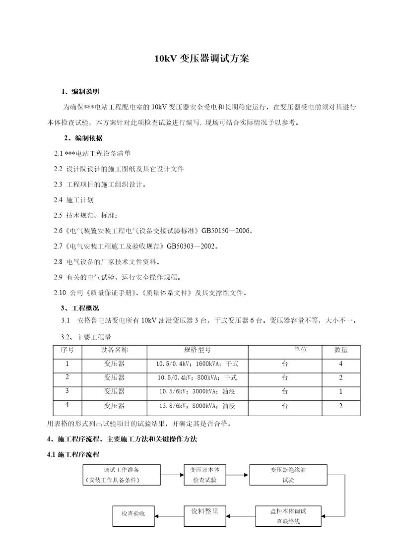 安格鲁电站变电所10KV变压器调试方案