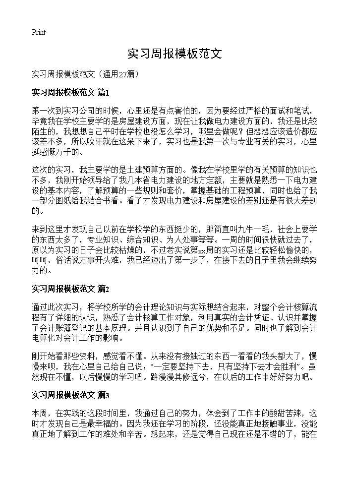 实习周报模板范文27篇