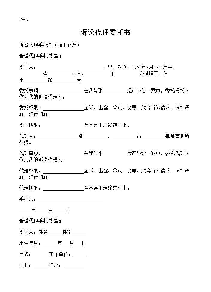 诉讼代理委托书14篇