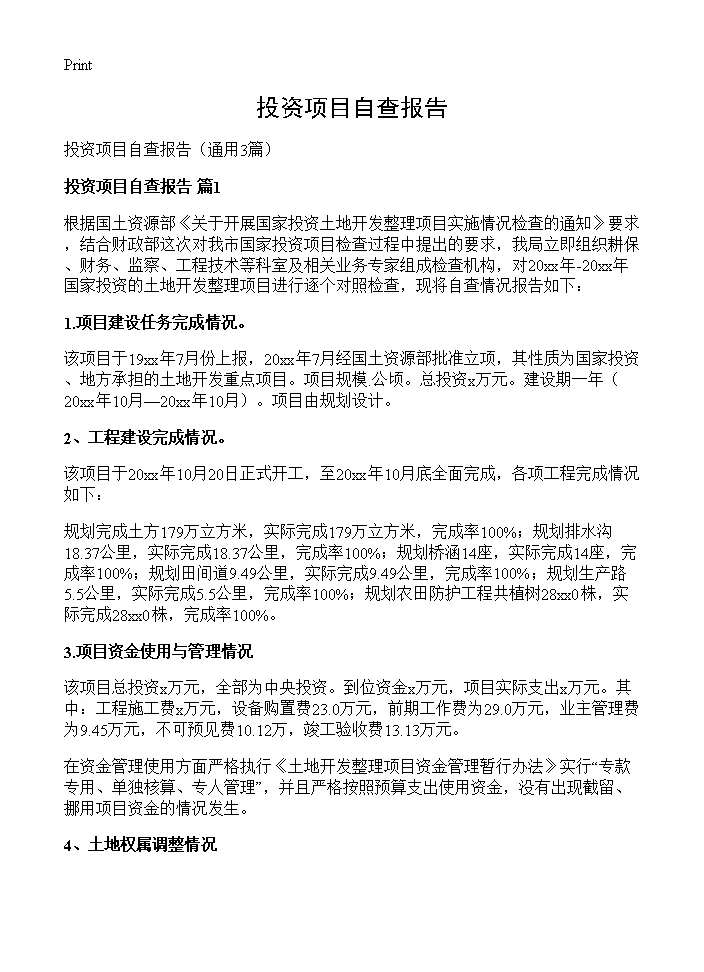 投资项目自查报告3篇