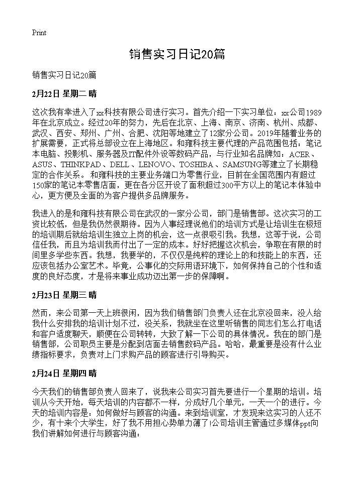 销售实习日记20篇