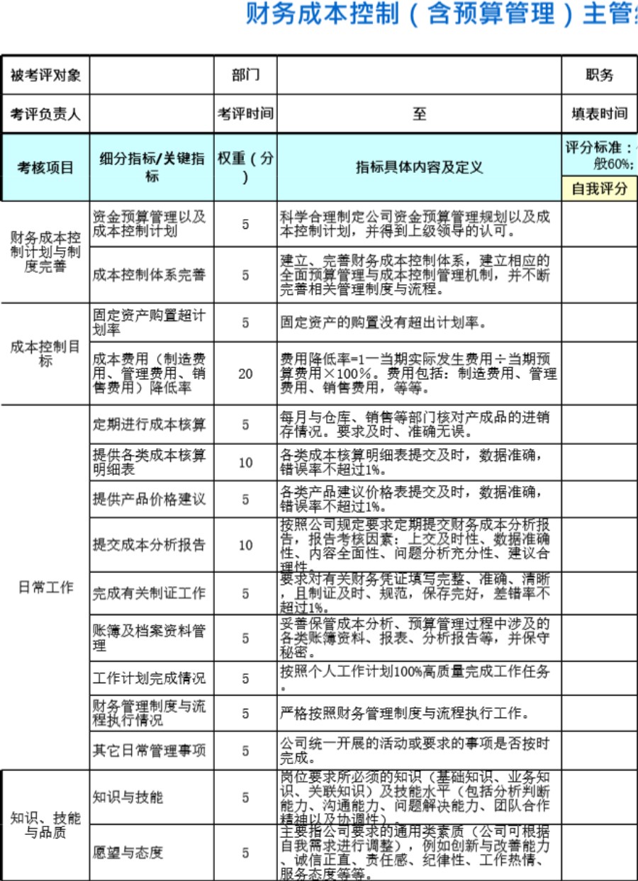 财务成本控制(含预算管理)主管绩效考核表