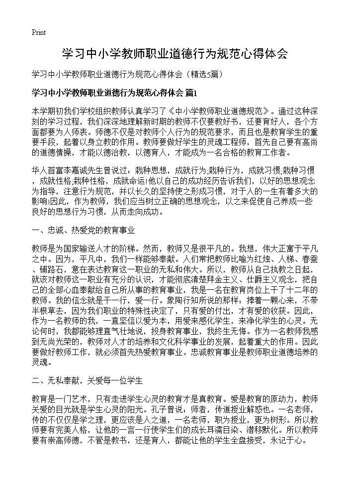 学习中小学教师职业道德行为规范心得体会5篇