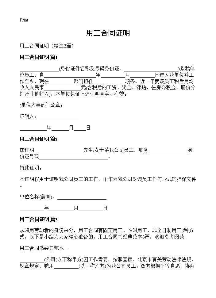 用工合同证明3篇