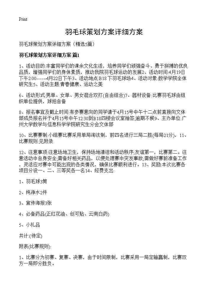 羽毛球策划方案详细方案5篇