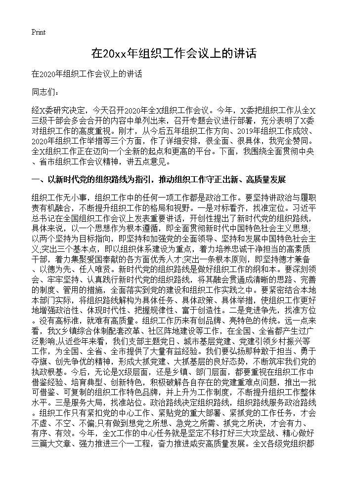 在2020年组织工作会议上的讲话